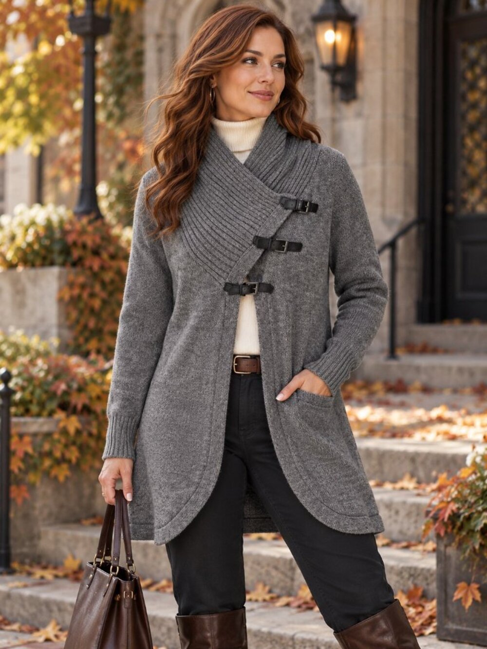Covington Gray Shawl Collar Buckle Longline Cardigan Sweater Womens L